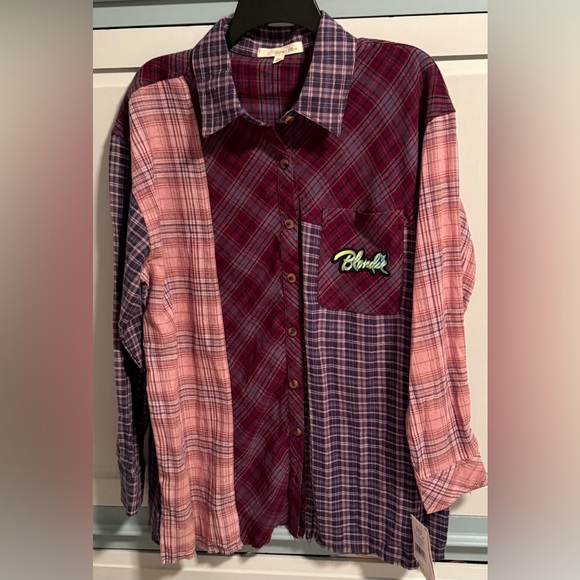 Upcycled BLONDIE Graphic Tee On REWIND Mixed Patterns Flannel Shirt Size XL - Picture 3 of 8